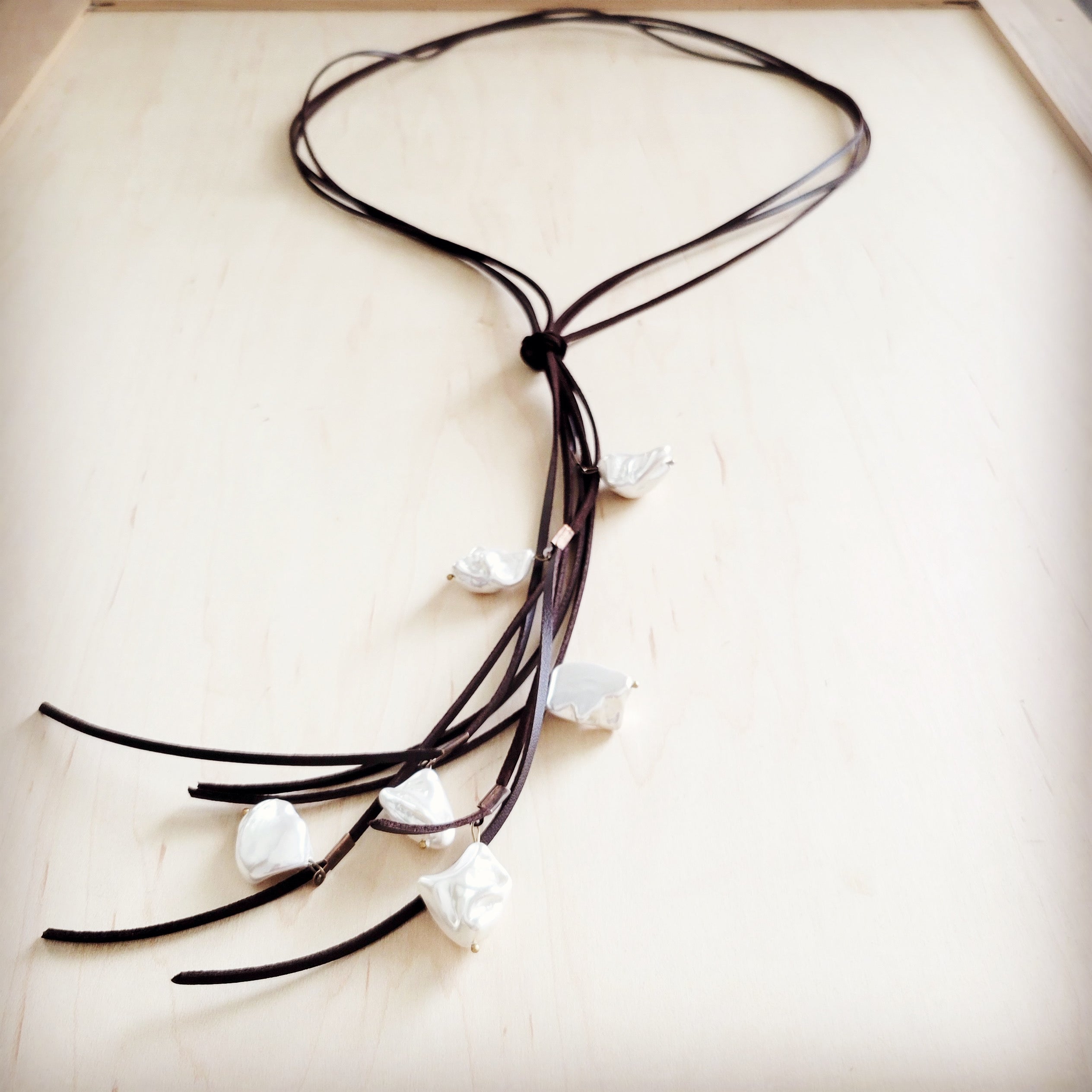 Dark Brown Boho Knotted Leather Cord Necklace w/ Pearls 263w | Necklace | Wiccan Center