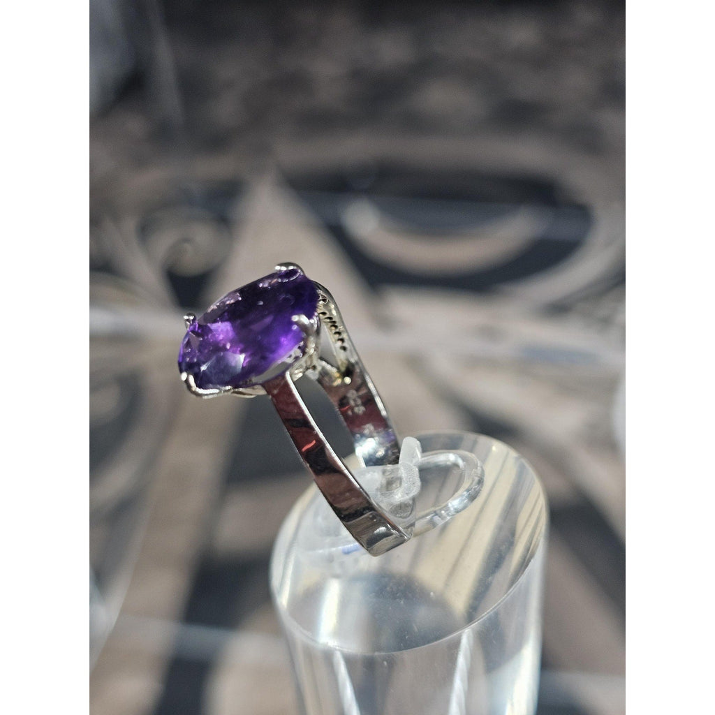 Womens 14K White Gold Platinum Finish Size 6 Ring Amethyst & Diamonds