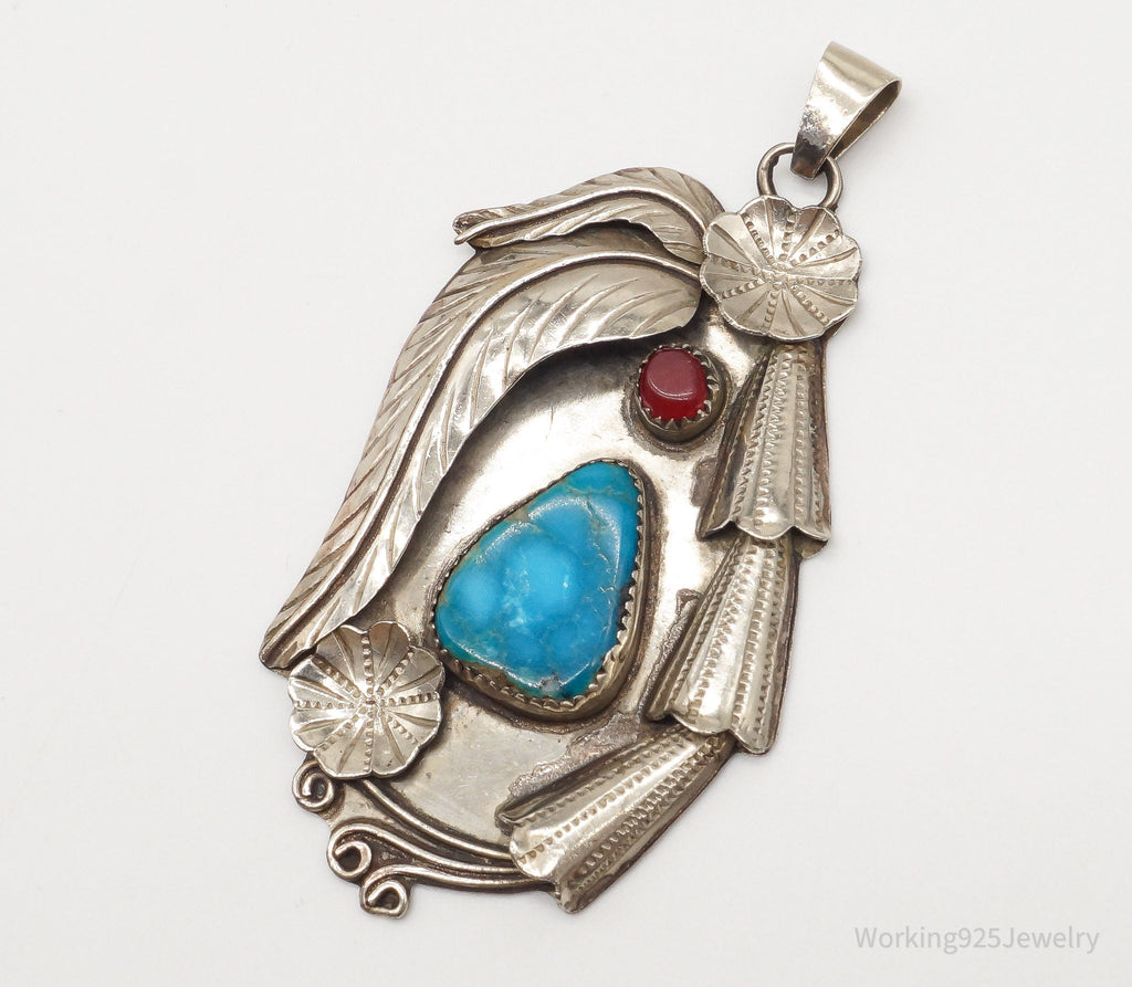 Large Vintage Native American Turquoise Carnelian Sterling Silver Pendant | Jewelry > Necklaces > Pendants | Wiccan Center