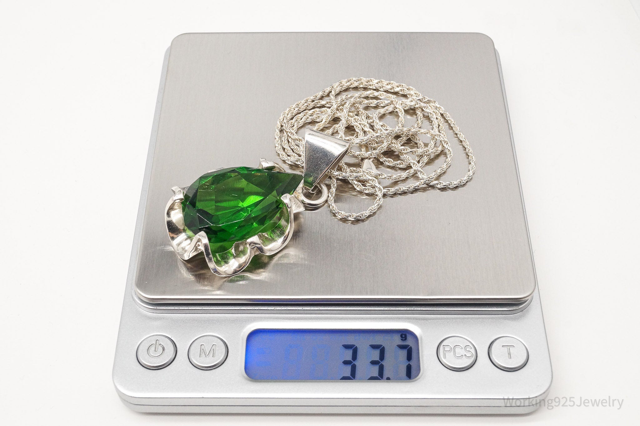 Vintage Large Glass Green Stone Sterling Silver Necklace 36" | Jewelry > Necklaces > Pendants | Wiccan Center