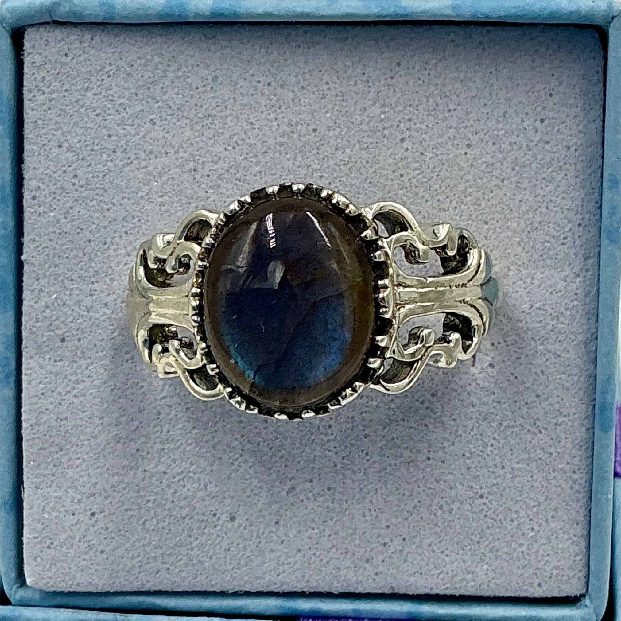 Sterling Silver Labradorite Ornate Round Ring - Size 9 - Royal Protection | Rings | Wiccan Center