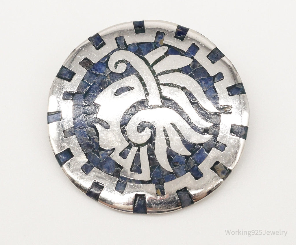 Vintage Mexico Handmade Sodalite Inlay Aztec Sterling Silver Pendant Pin | Jewelry > Necklaces > Pendants | Wiccan Center