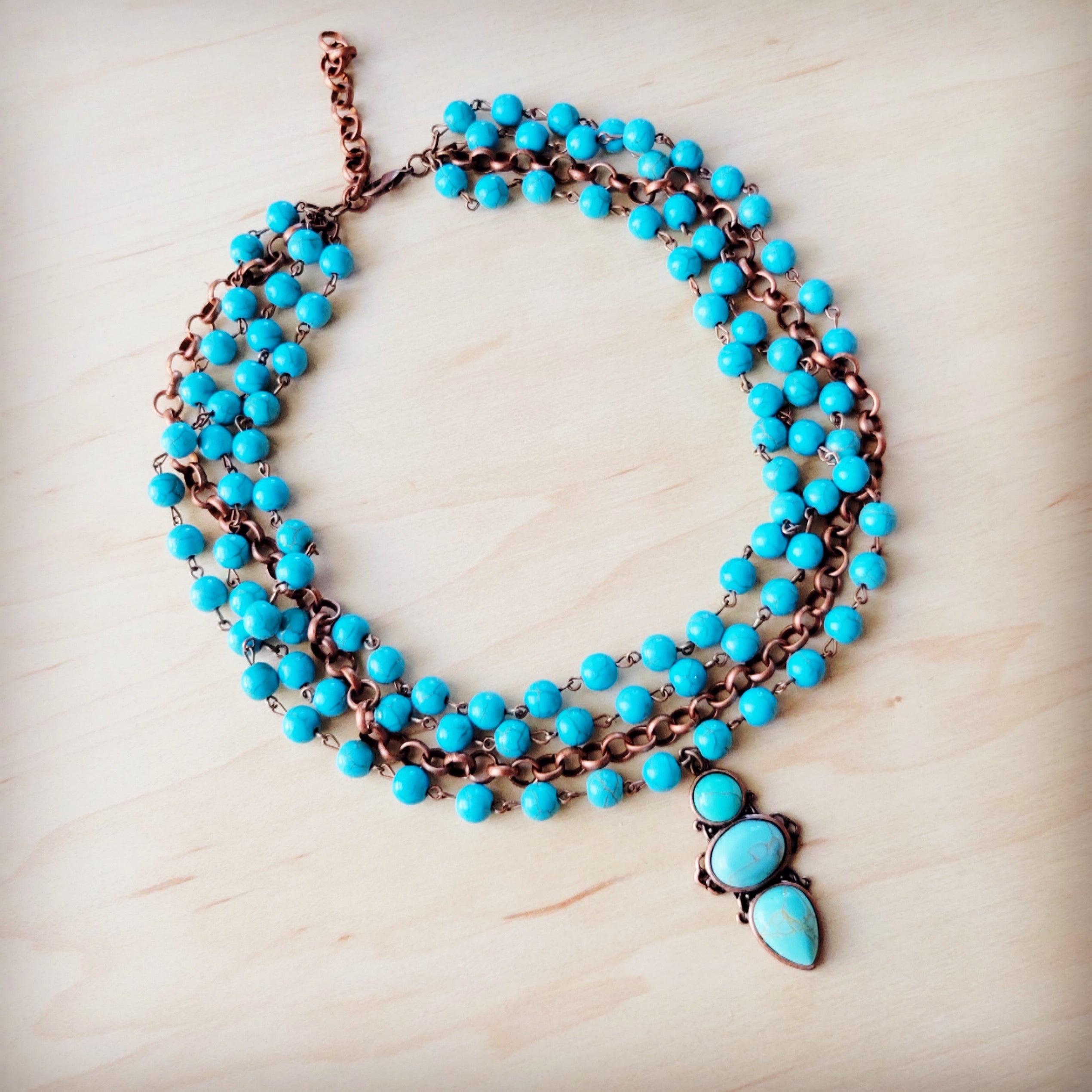 Triple Strand Turquoise & Copper Collar Necklace w/ Droplet Pendant 257lm | Necklace | Wiccan Center