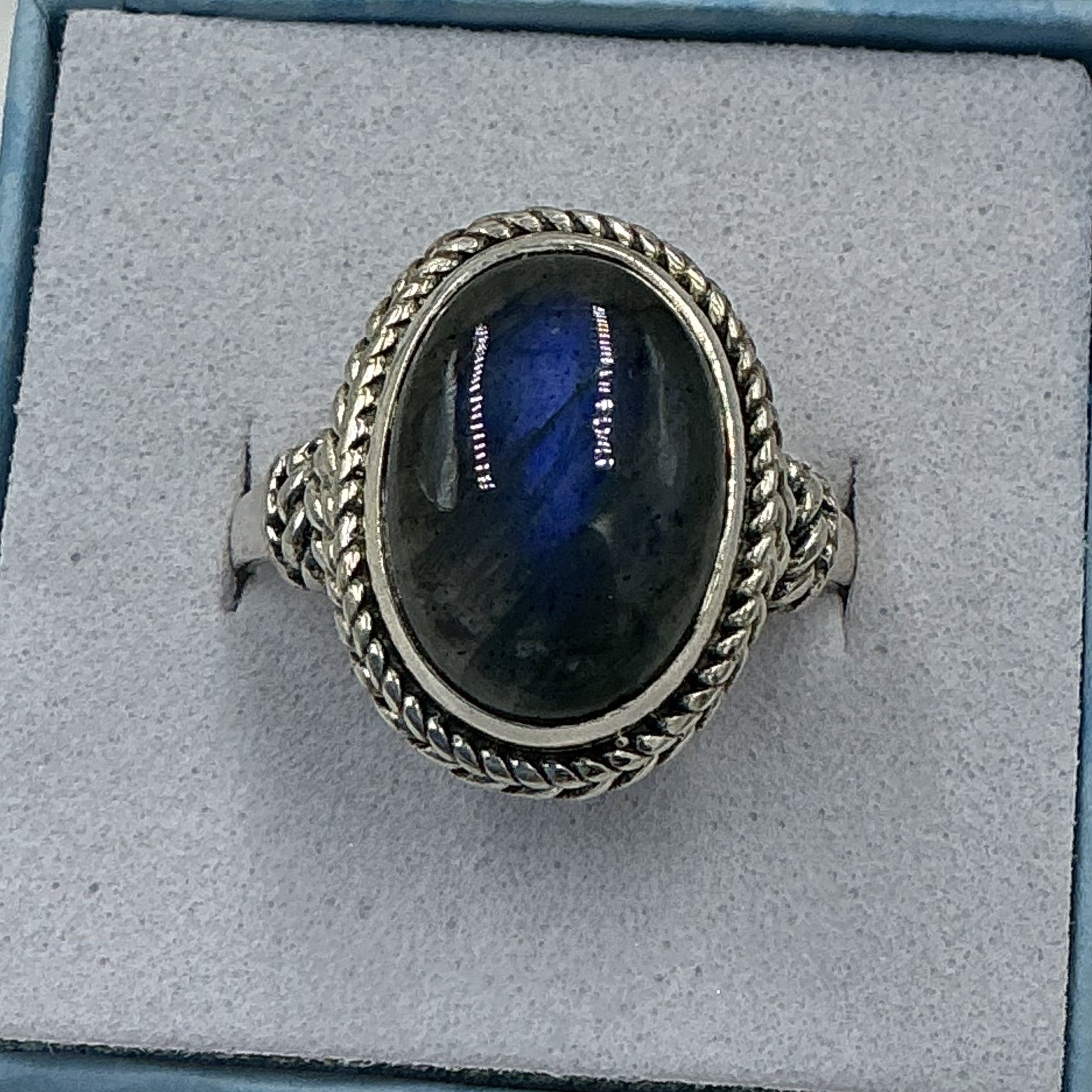 Sterling Silver Deeo Blue Labradorite Oval Rope Ring - Size 9 - Magic and Protection | Rings | Wiccan Center