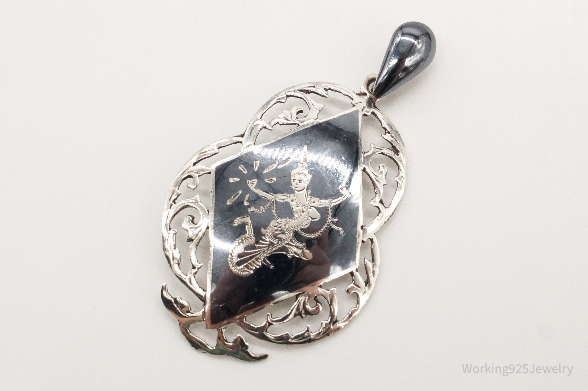 Large Vintage Siam Black Enamel Goddess Dancer Sterling Silver Pendant | Jewelry > Necklaces > Pendants | Wiccan Center
