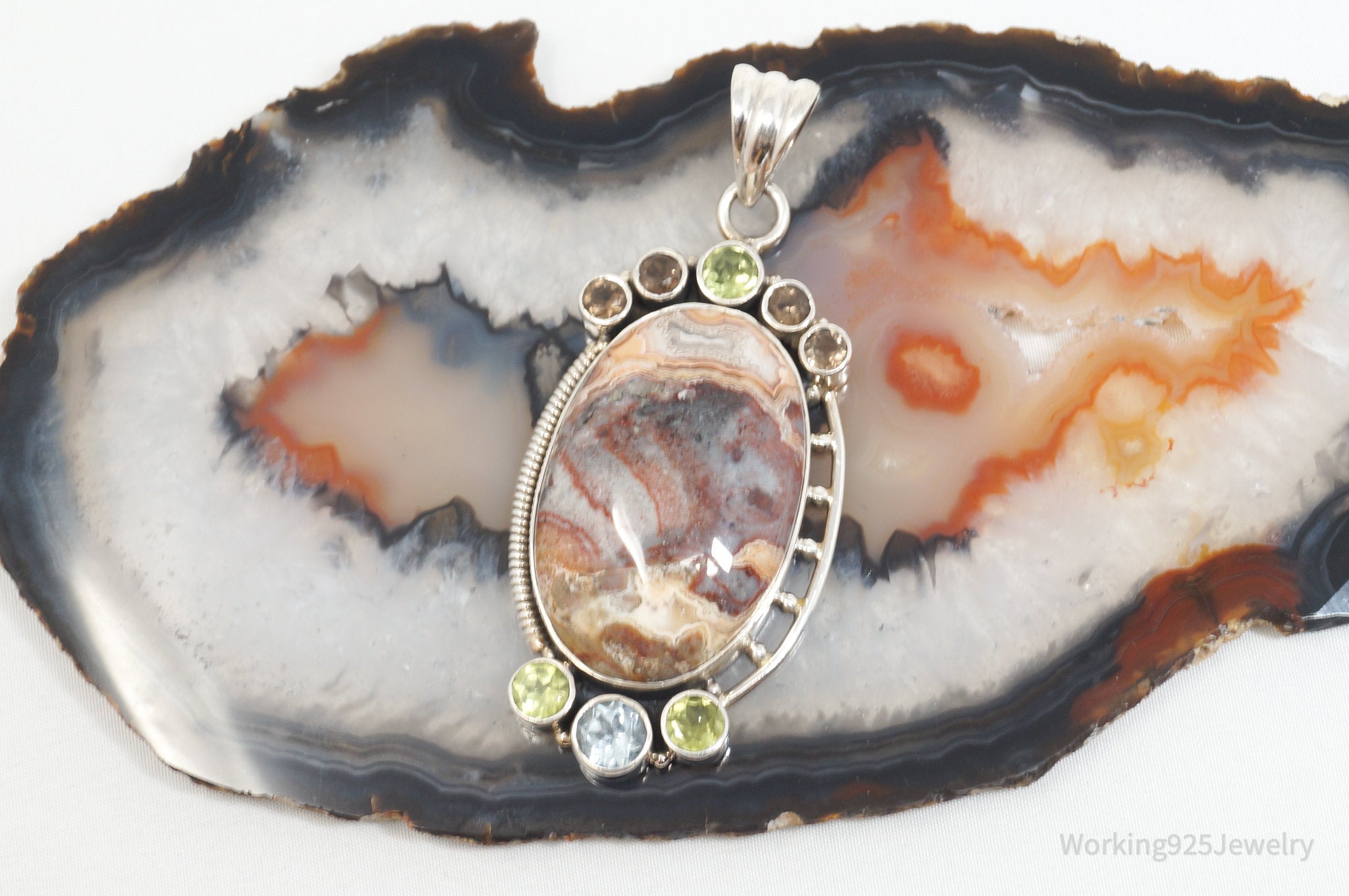 Vintage Large Brown Crazy Lace Agate Peridot Sterling Silver Necklace Pendant | Jewelry > Necklaces > Pendants | Wiccan Center