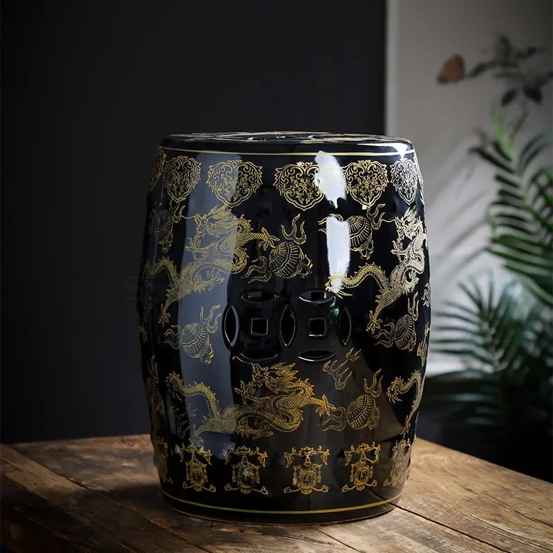 Black & Gold Dragon Porcelain Drum Stool | Modern Chinese Accent Seat & Side Table | Stools | Wiccan Center