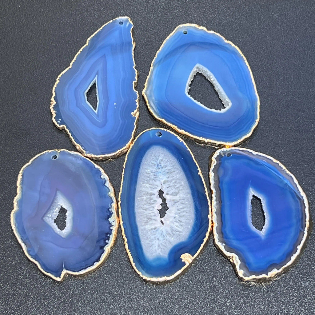 Drilled Hole Blue Agate Slices (2mm Hole)(Gold Plated Edges) Gemstone Decor Craft Supplies | Craft Supplies & Tools > Raw Materials > Stones & Rocks > Minerals | Wiccan Center