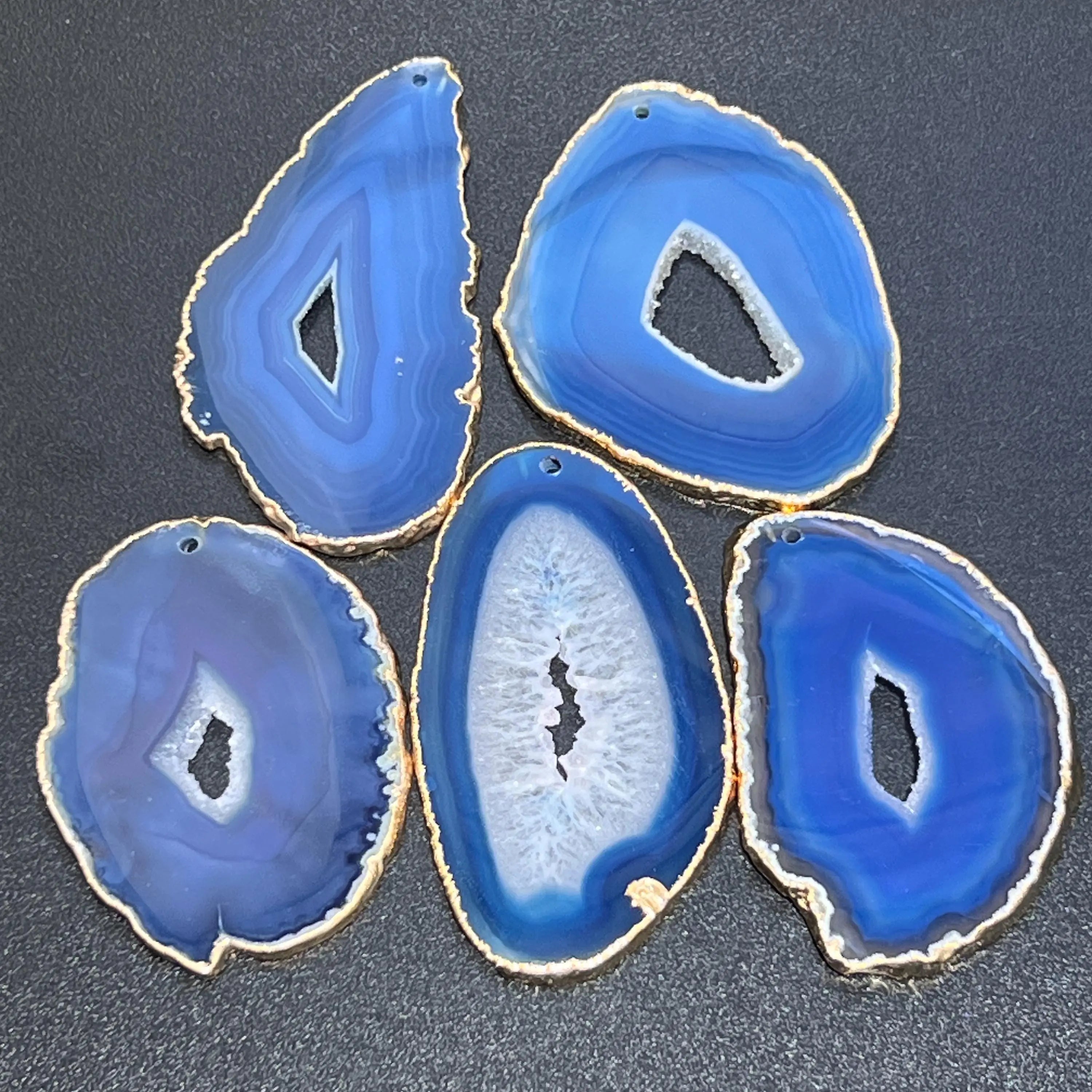 Drilled Hole Blue Agate Slices (2mm Hole)(Gold Plated Edges) Gemstone Decor Craft Supplies | Craft Supplies & Tools > Raw Materials > Stones & Rocks > Minerals | Wiccan Center
