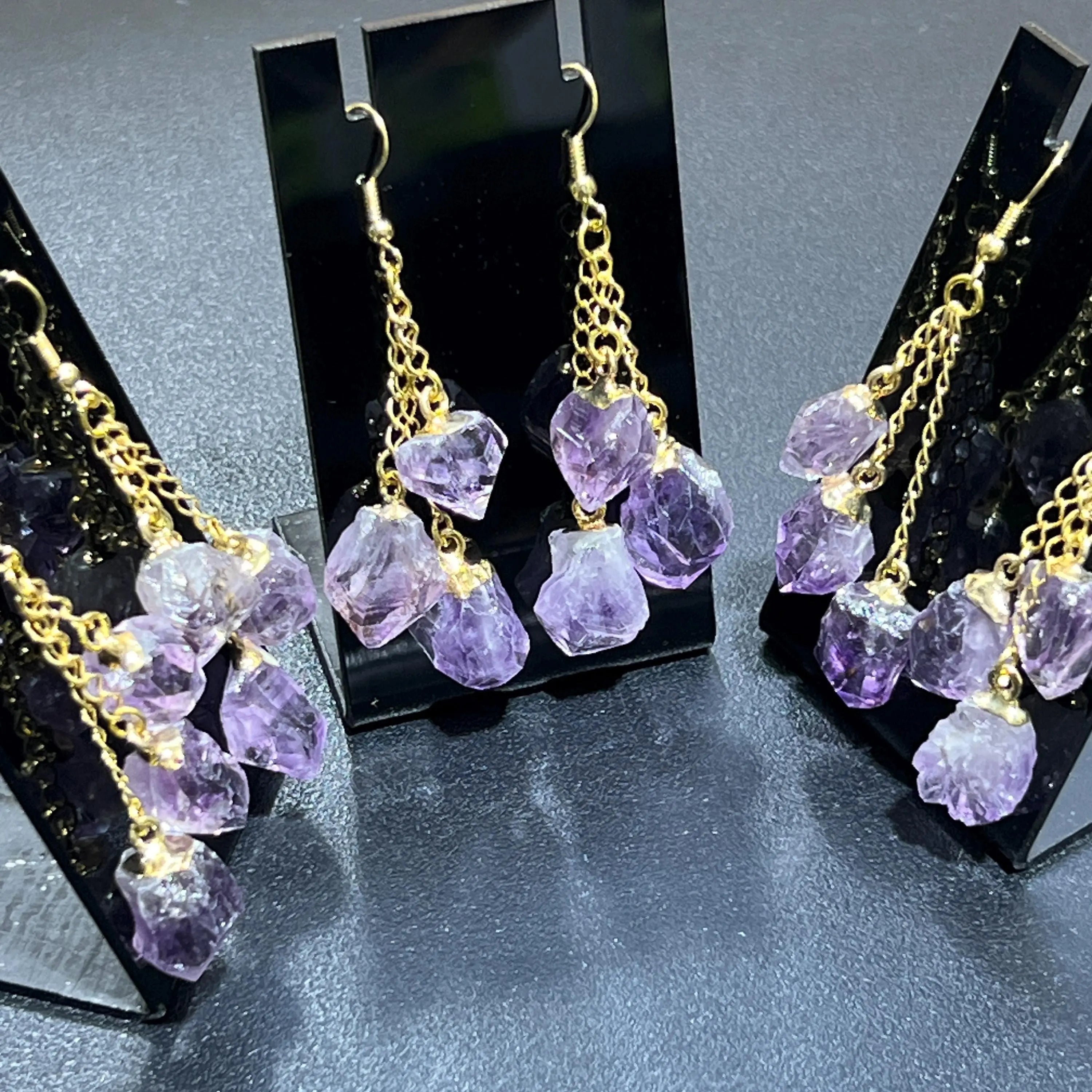 Long Dangle Amethyst Triple Crystal Point Earrings Pair (Gold Plated) | Jewelry > Earrings > Dangle & Drop Earrings | Wiccan Center