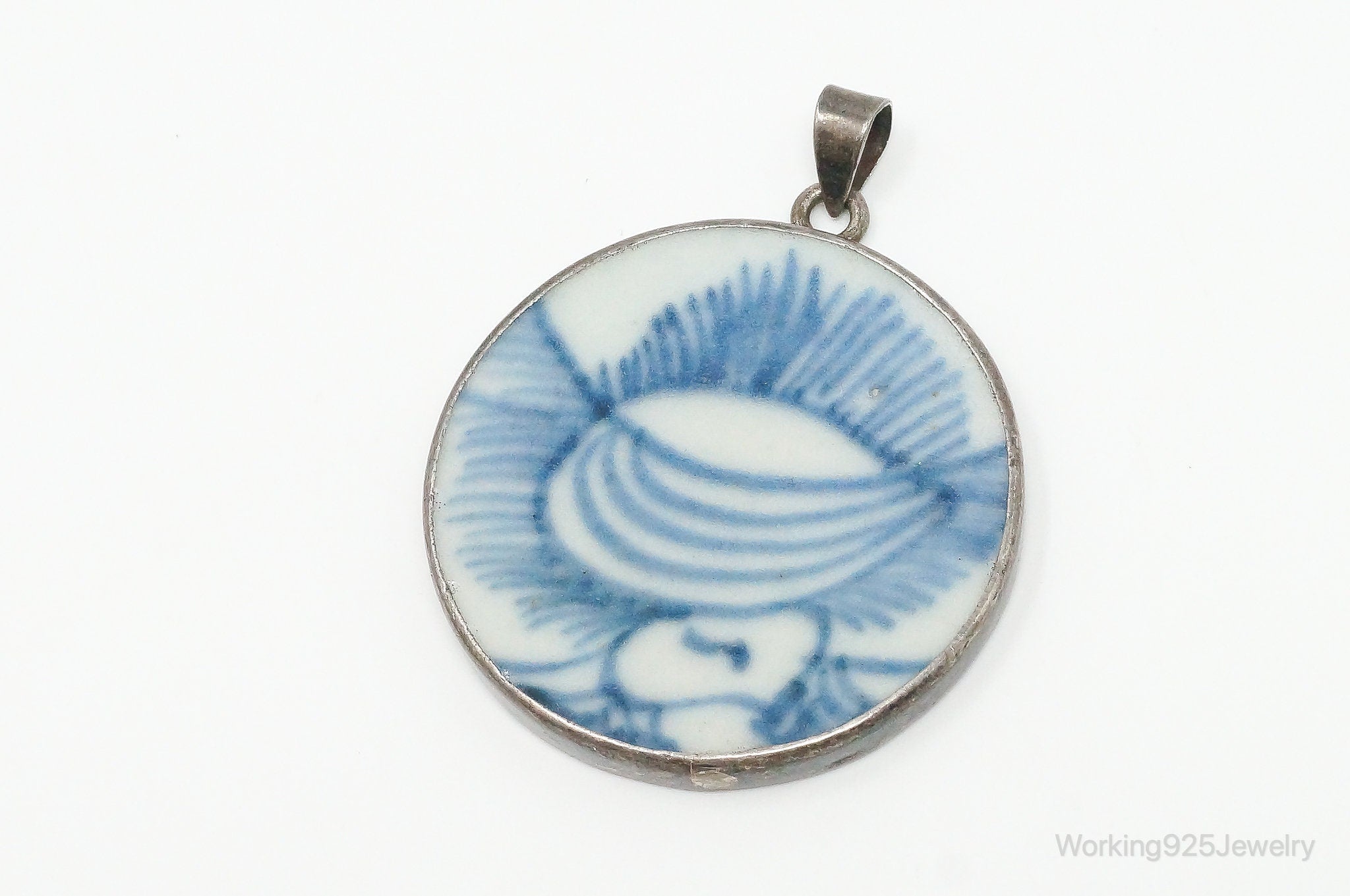 Vintage White Blue Ming Porcelain Sterling Silver Pendant | Jewelry > Necklaces > Pendants | Wiccan Center