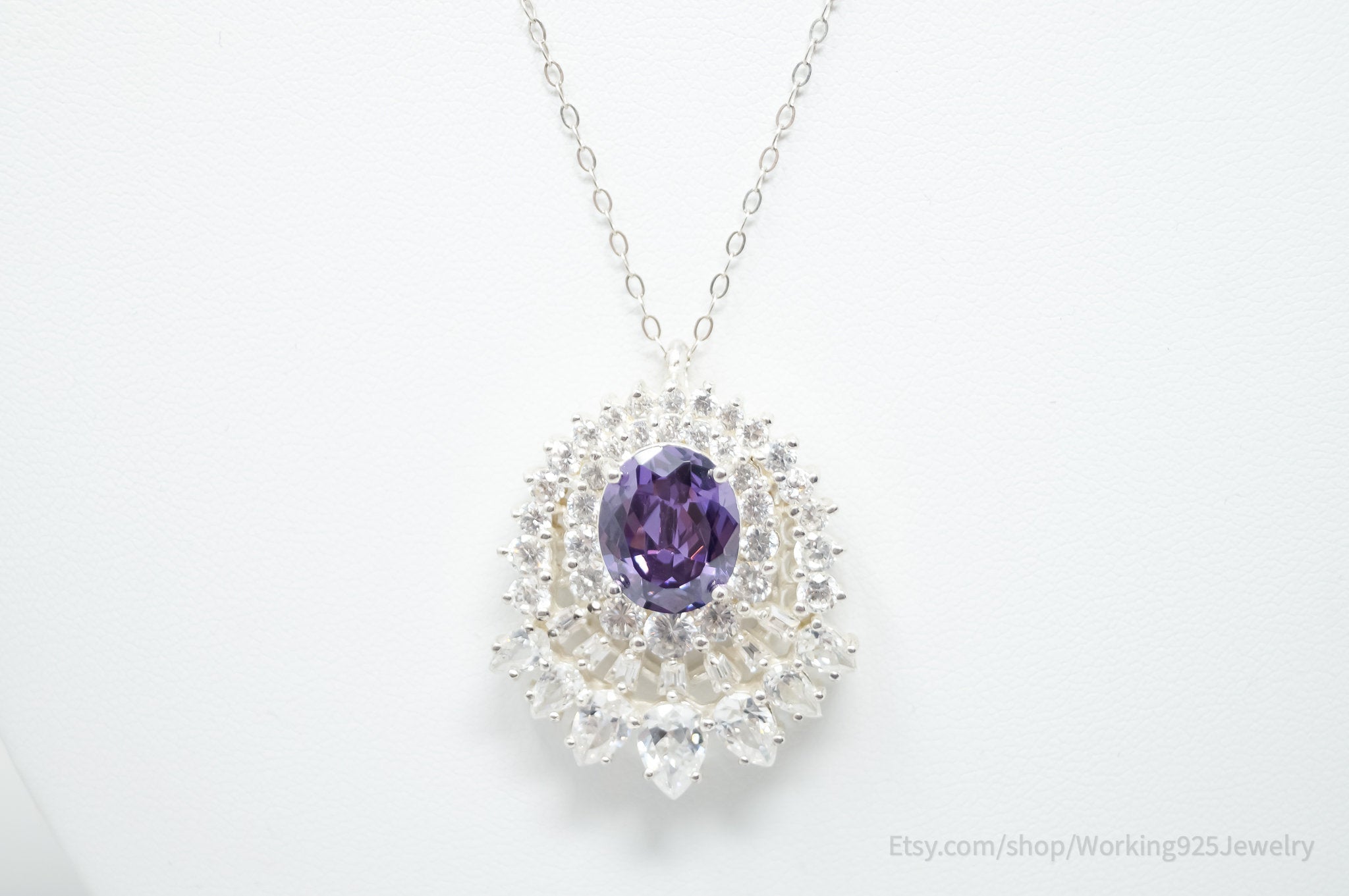 Vintage Amethyst CZ Art Deco Sterling Silver Long Chain Necklace | Jewelry > Necklaces > Pendants | Wiccan Center