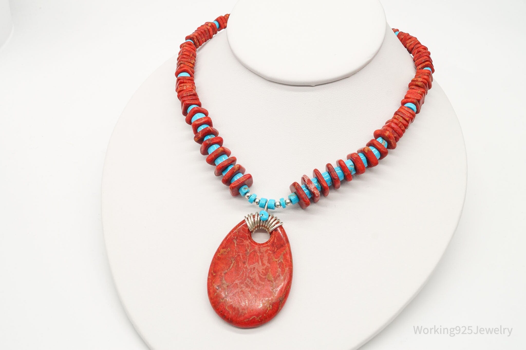 Vintage Native American Running Bear Coral Turquoise Bead SS Necklace | Jewelry > Necklaces | Wiccan Center