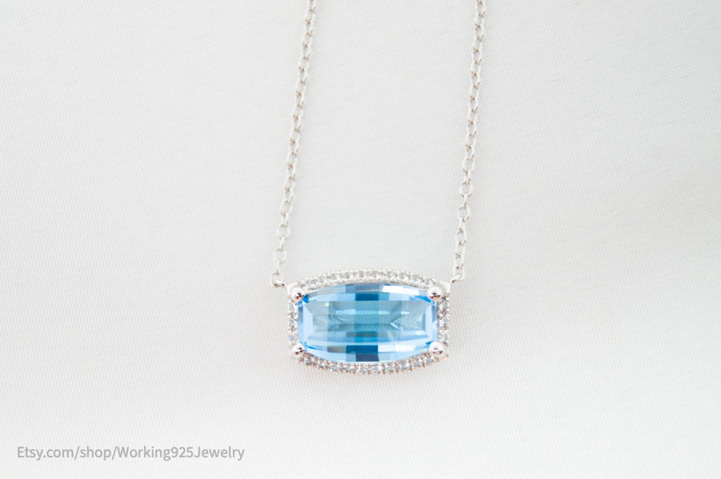 Vintage Art Deco Style Checkerboard Blue Topaz CZ Sterling Silver Necklace | Jewelry > Necklaces > Pendants | Wiccan Center