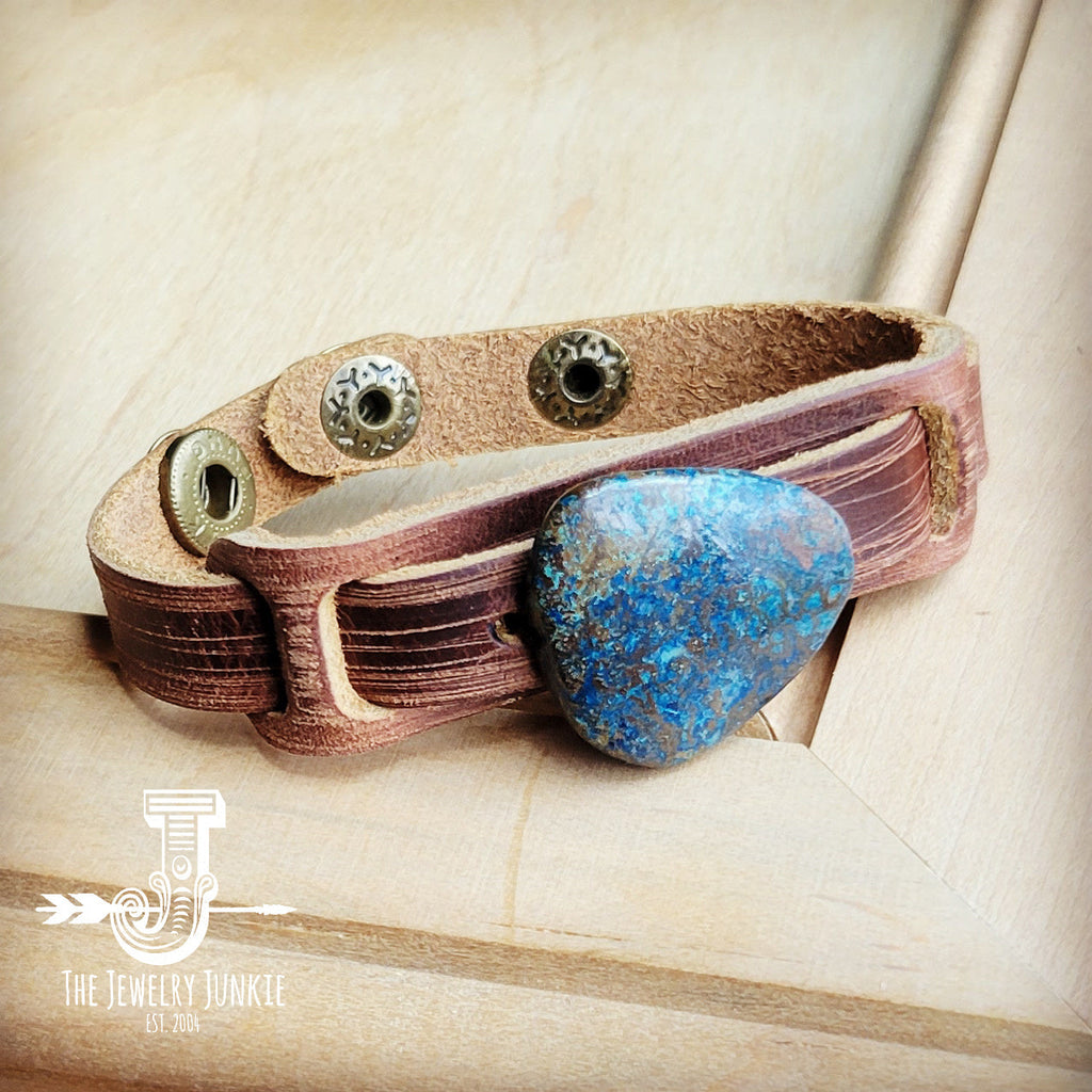 **Ocean Agate Slab on Narrow Leather Cuff 005K