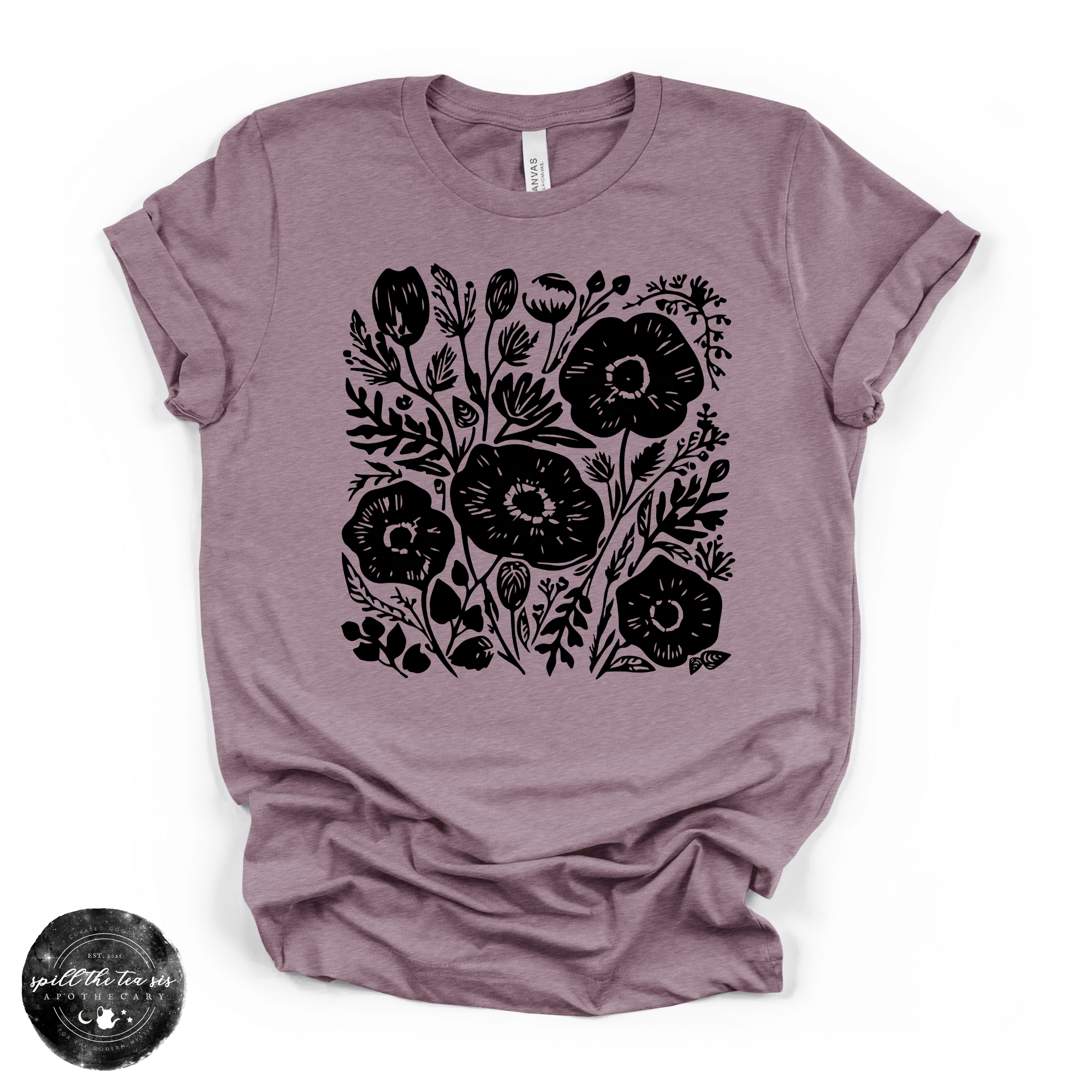 Black Flowers Tee | Dark Floral Graphic T-Shirt | | Wiccan Center