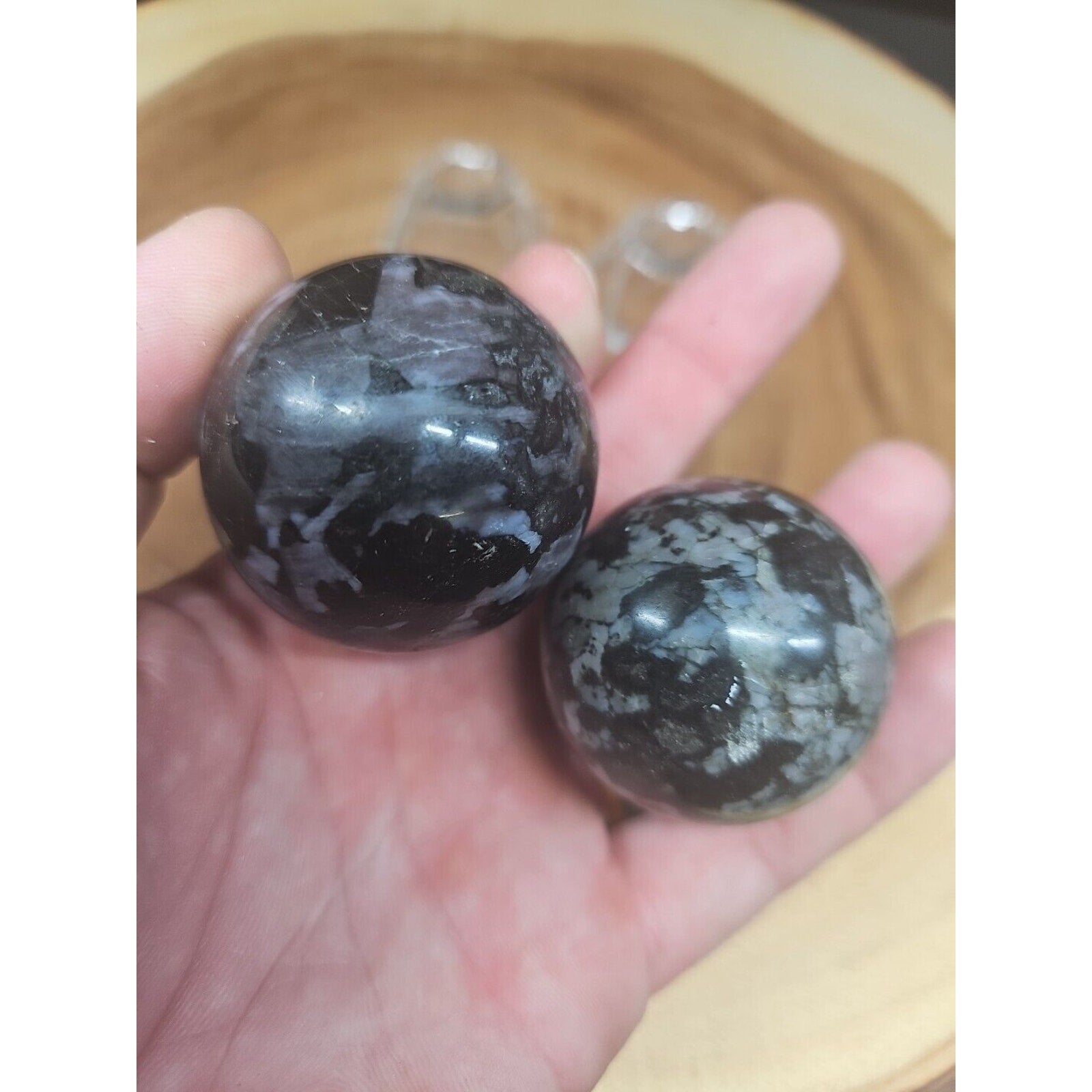Black Flower of Fog Jasper Quartz Crystal Sphere Pair — 40mm, Madagascar | CrystalCloud Company