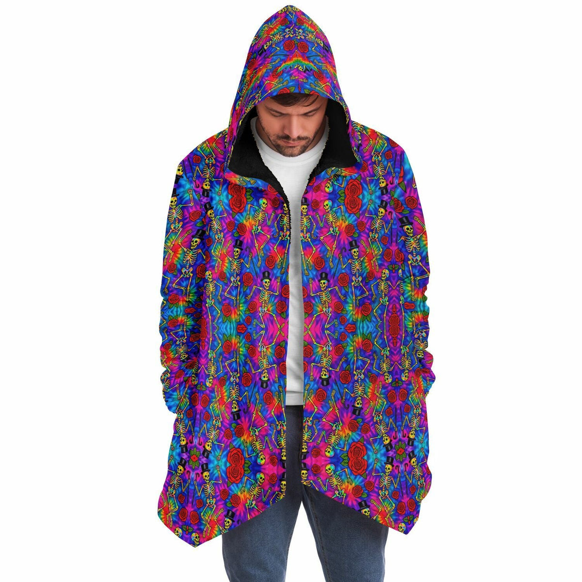 Tie Dye Dancing Skeleton Cuddle Cloak | Grateful Dead | Minky Sherpa Lined Coat with Hood, Zipper and Pockets | Women and Mens Festival Coat | Mountain Fashion | Microfleece Cloak - AOP | Wiccan Center