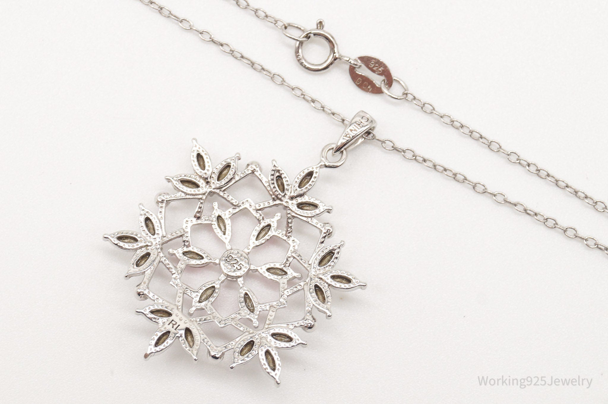 Vintage Designer RL Pink & White Crystal Snowflake Sterling Silver Necklace | Jewelry > Necklaces > Pendants | Wiccan Center