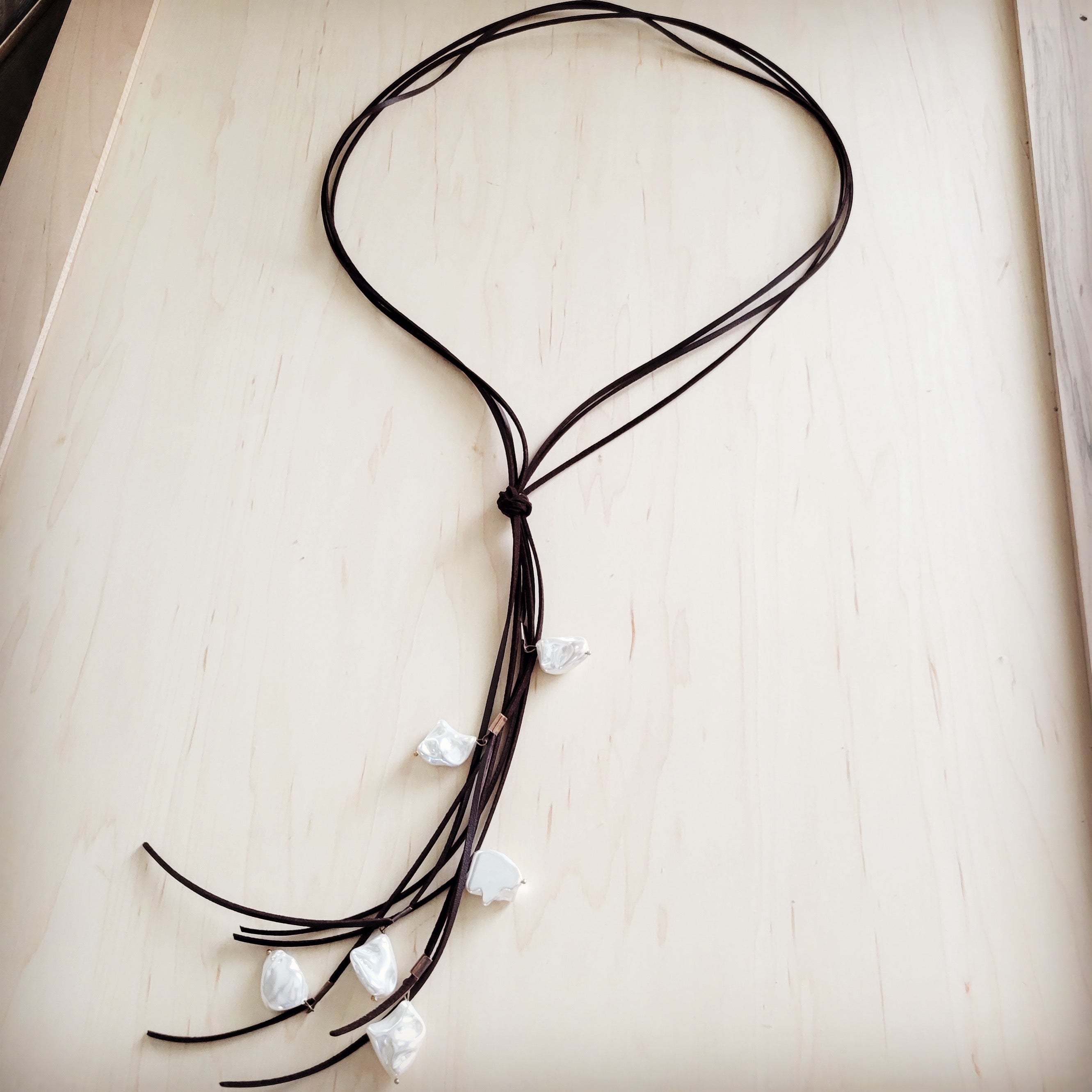 Dark Brown Boho Knotted Leather Cord Necklace w/ Pearls 263w | Necklace | Wiccan Center