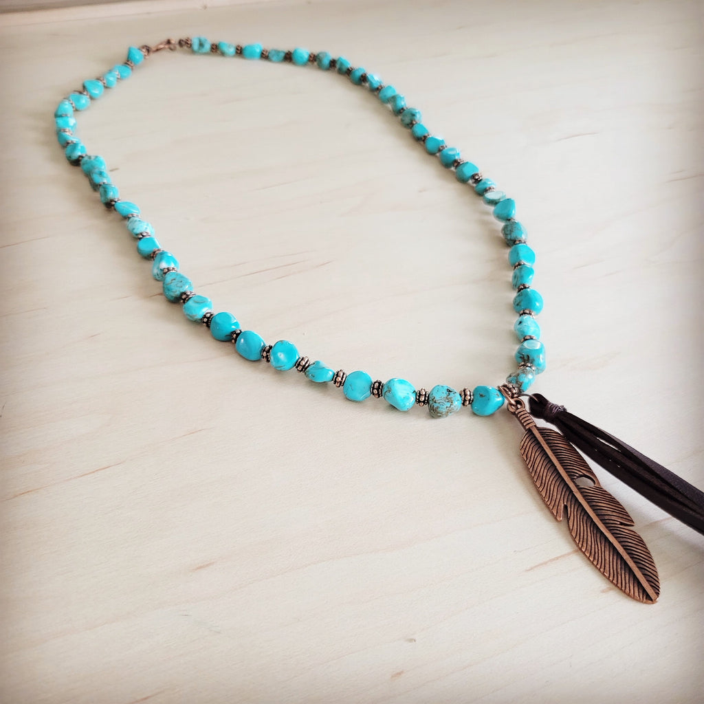 Turquoise & Copper Necklace w/ Feather Tassel Pendant 264c | Necklace | Wiccan Center
