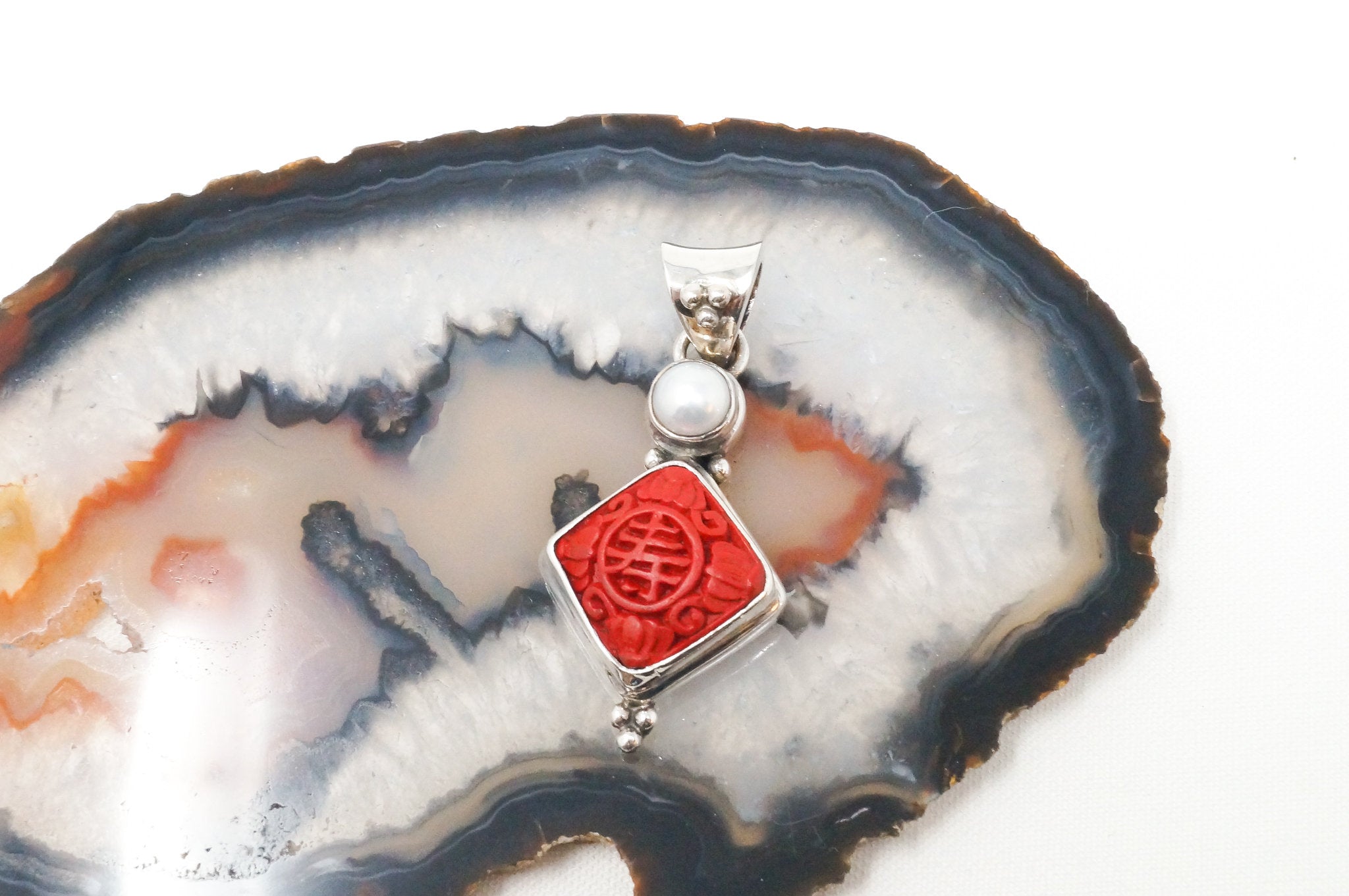 Vintage Chinese Carved Synthetic Coral Pearl Sterling Silver Necklace Pendant | Jewelry > Necklaces > Pendants | Wiccan Center
