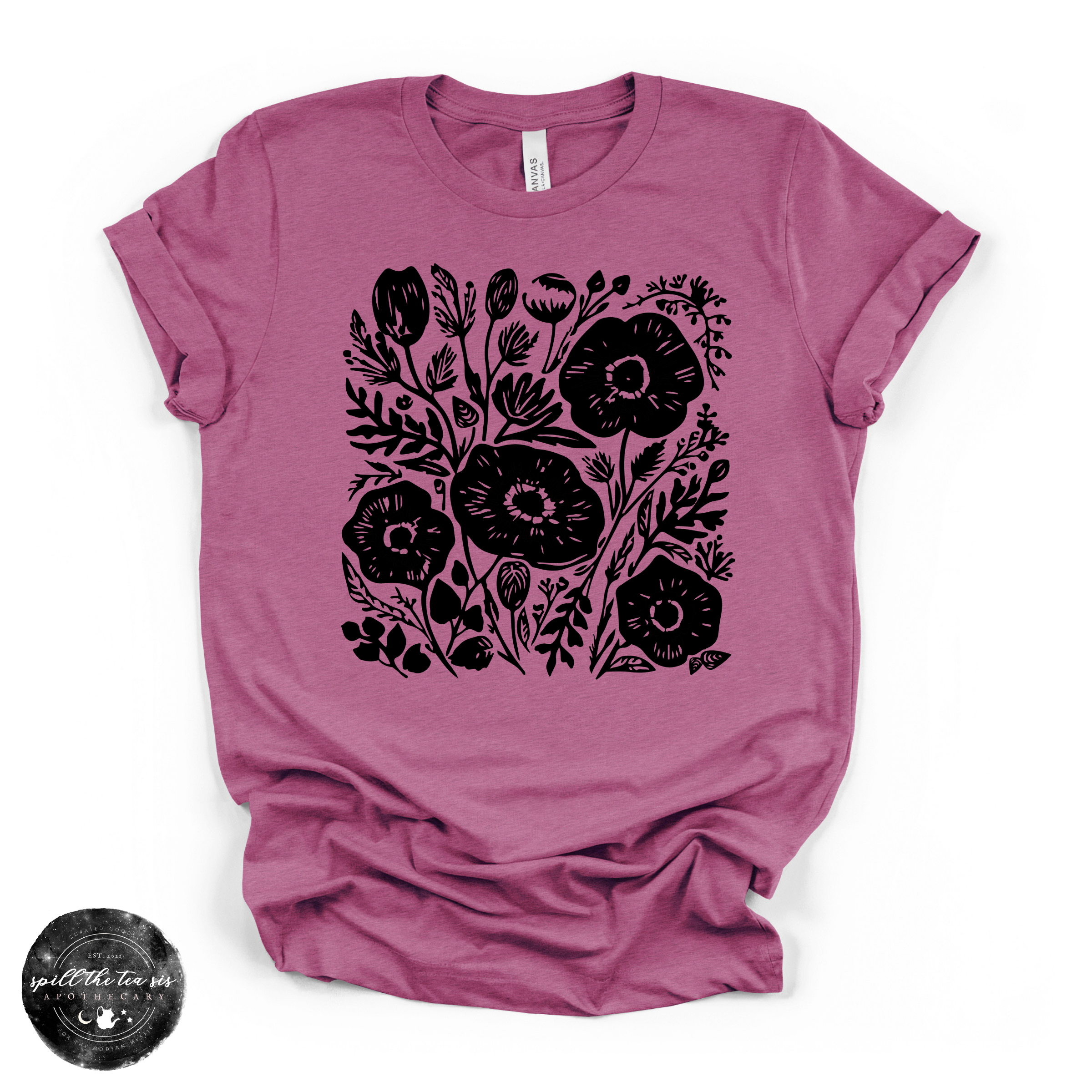 Black Flowers Tee | Dark Floral Graphic T-Shirt | | Wiccan Center