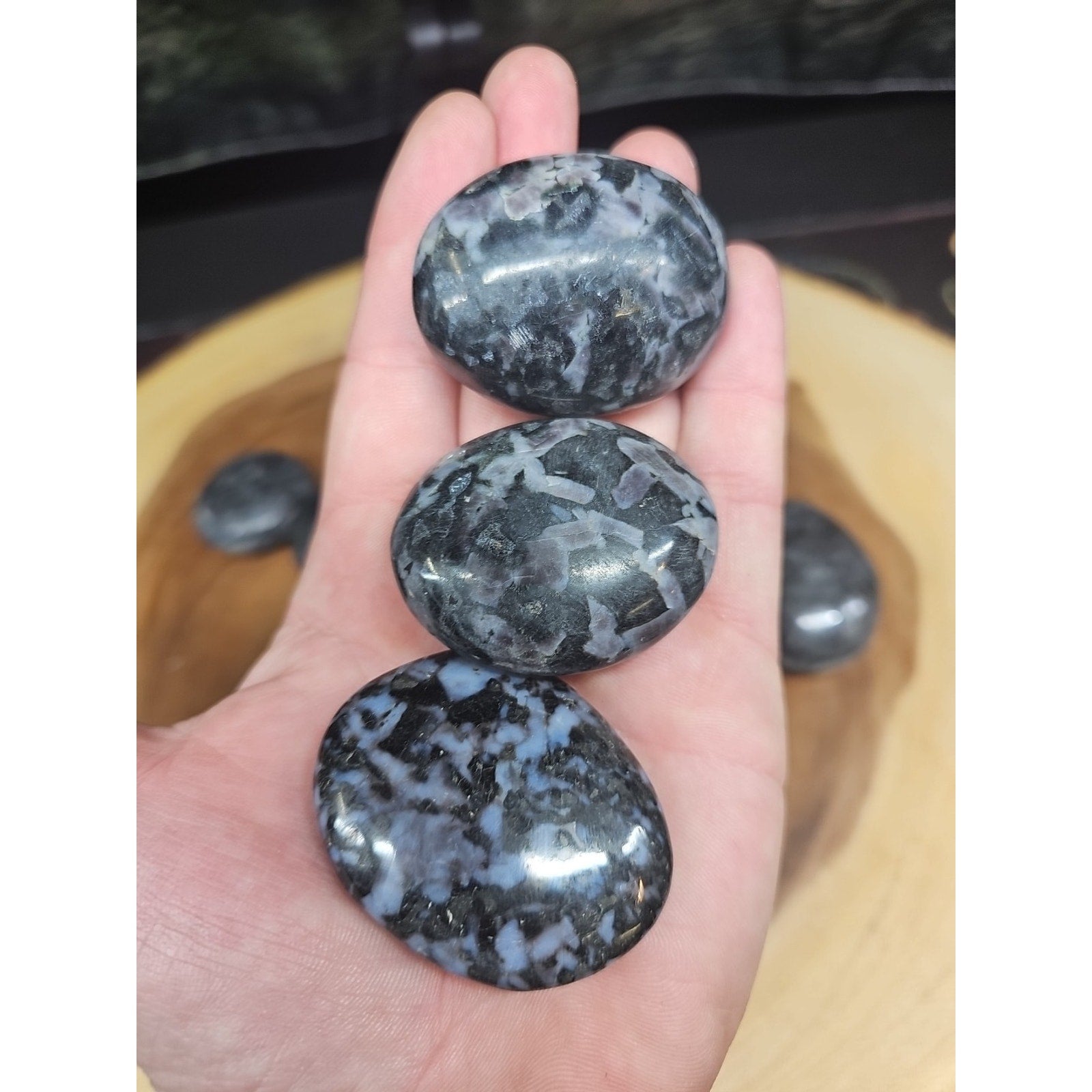 5Pcs Natural Polychrome Merlinite Gabbro Crystal Palm Stone | Palm Stones & Tumbled Crystals | Wiccan Center