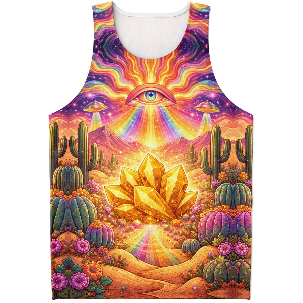 Psychedelic Desert Eye Tank Top – Festival Rave Shirt with Gold Crystal & Cosmic Print | Unisex Tank Top - AOP | Wiccan Center