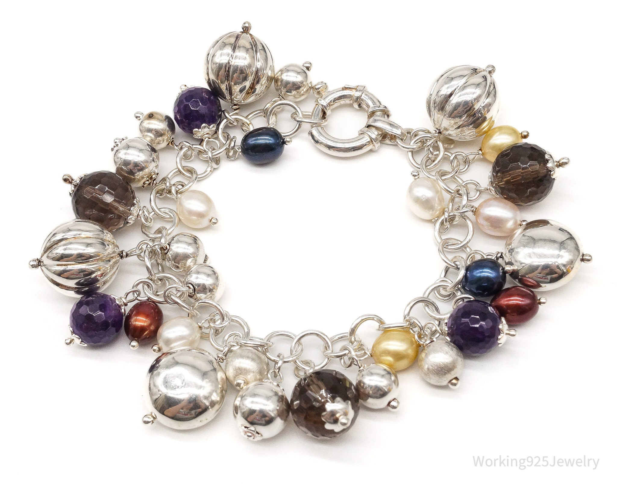 Vintage Italian Pearl Smoky Topaz Amethyst Sterling Silver Charm Bracelet | Jewelry > Bracelets | Wiccan Center