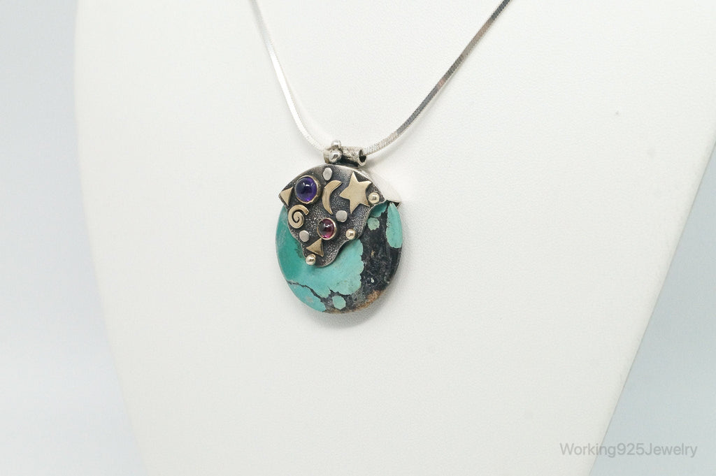 Vintage Brass Amethyst Rhodolite Garnet Turquoise Sterling Silver Necklace | Jewelry > Necklaces > Pendants | Wiccan Center