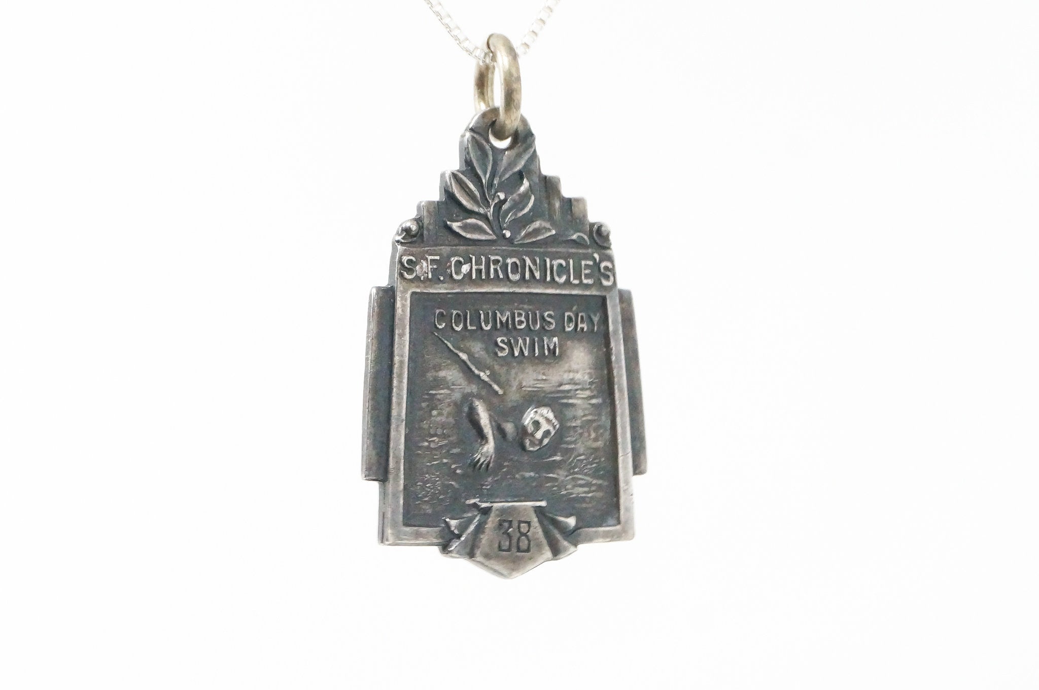 Vintage Antique 1938 Columbus Day Swim Sterling Silver Necklace Pendant | Jewelry > Necklaces > Pendants | Wiccan Center