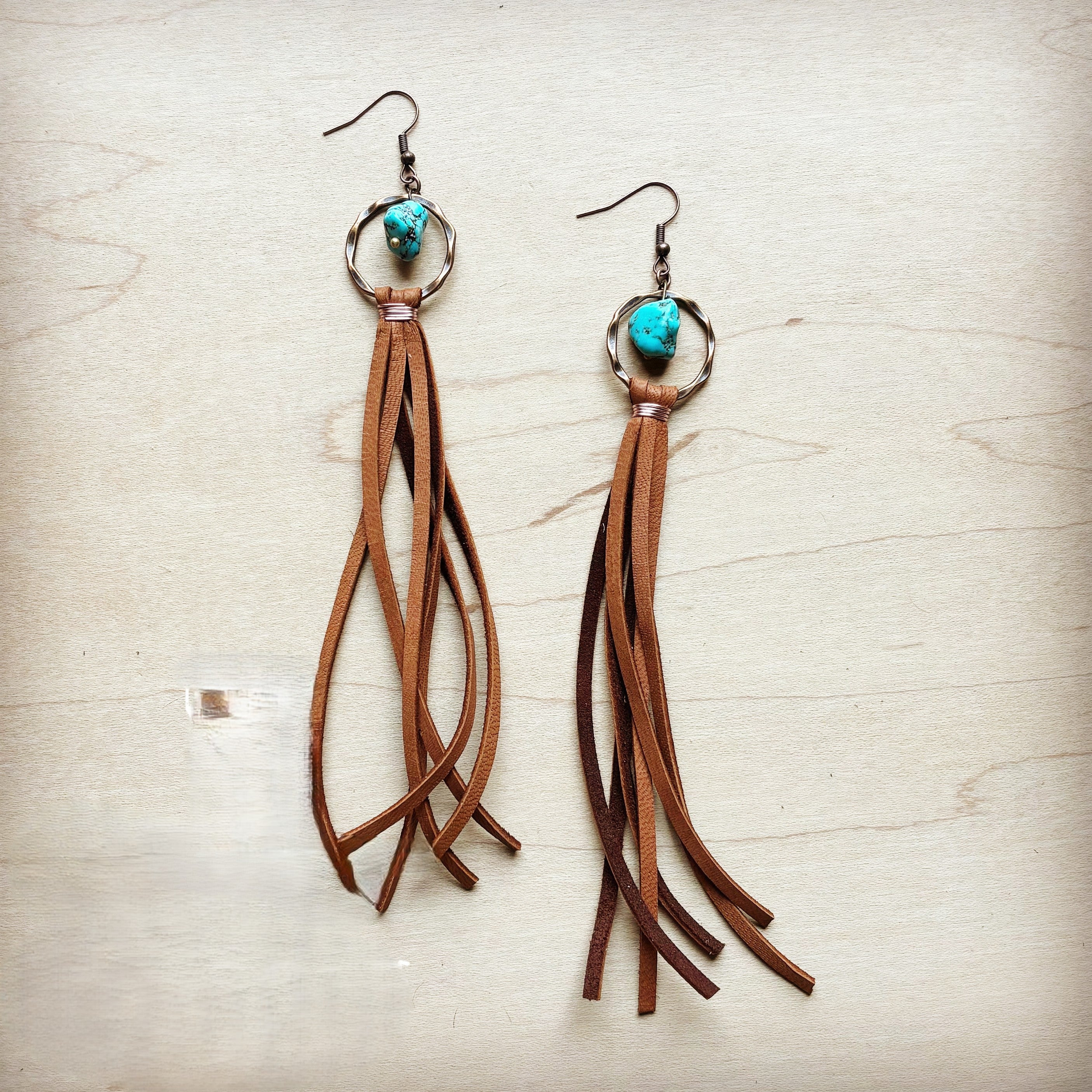 Turquoise Drop Earrings w/ Suede Leather Tassel 202s | Earrings | Wiccan Center