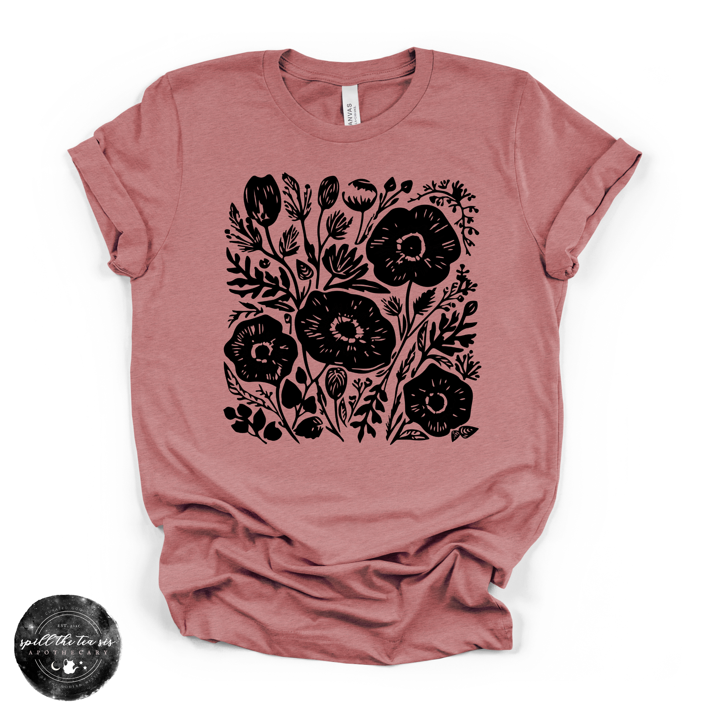 Black Flowers Tee | Dark Floral Graphic T-Shirt | | Wiccan Center