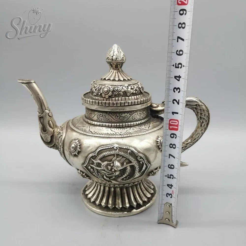 Exquisite Old Chinese Tibet Silver Hand carved Dragon Flagon / Teapot