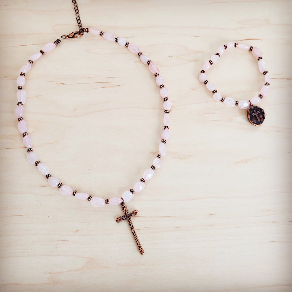 **Rose Quartz Beaded Stretch Bracelet w/ Copper Cross Charm 811v