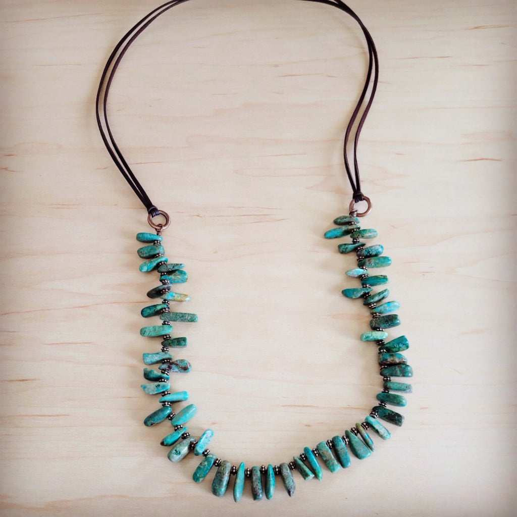 Natural Turquoise Stacked Stone Necklace with Leather Ties 263e | Necklace | Wiccan Center