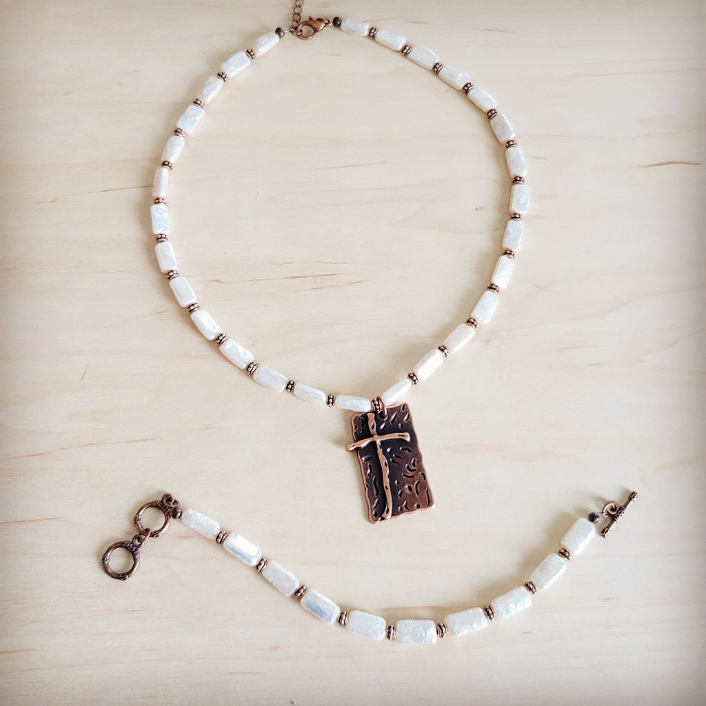 Rectangle Freshwater Pearl & Copper Necklace w/ Antique Cross Pendant 264a | Necklace | Wiccan Center