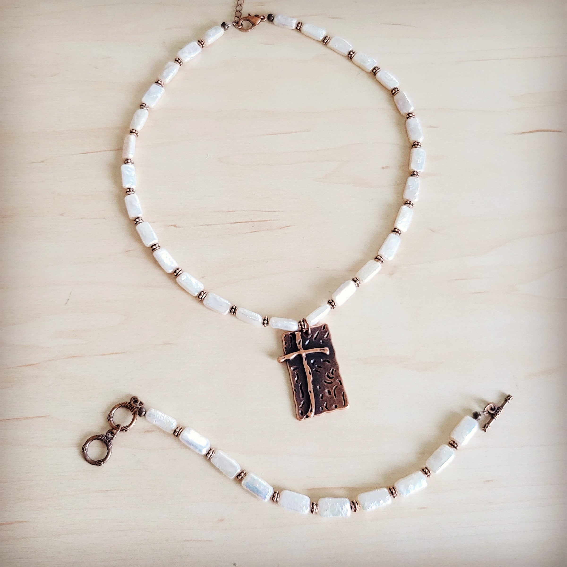 Rectangle Freshwater Pearl & Copper Necklace w/ Antique Cross Pendant 264a | Necklace | Wiccan Center