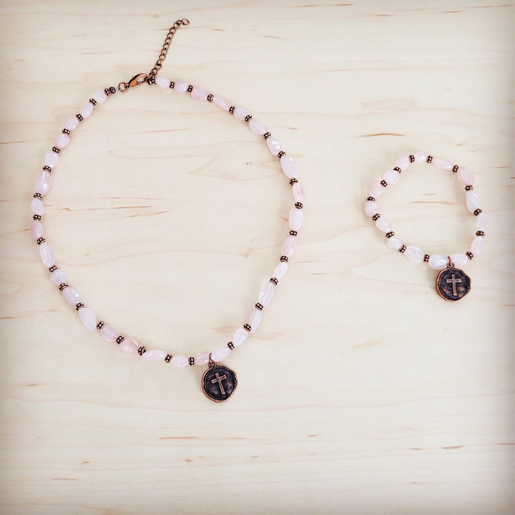**Rose Quartz Beaded Stretch Bracelet w/ Copper Cross Charm 811v