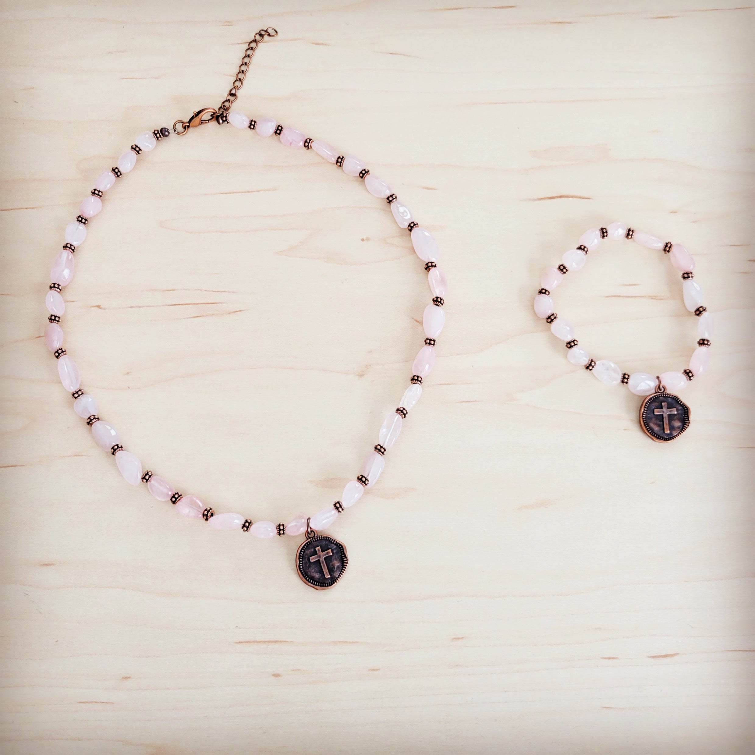 **Rose Quartz Collar Necklace w/ Copper Cross Round Charm 263j | Necklace | Wiccan Center