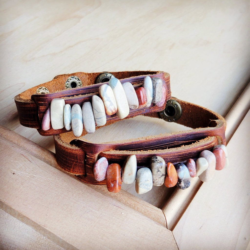 **Genuine Leather Narrow Cuff with Aqua Terra Stones 005f | Cuff | Wiccan Center