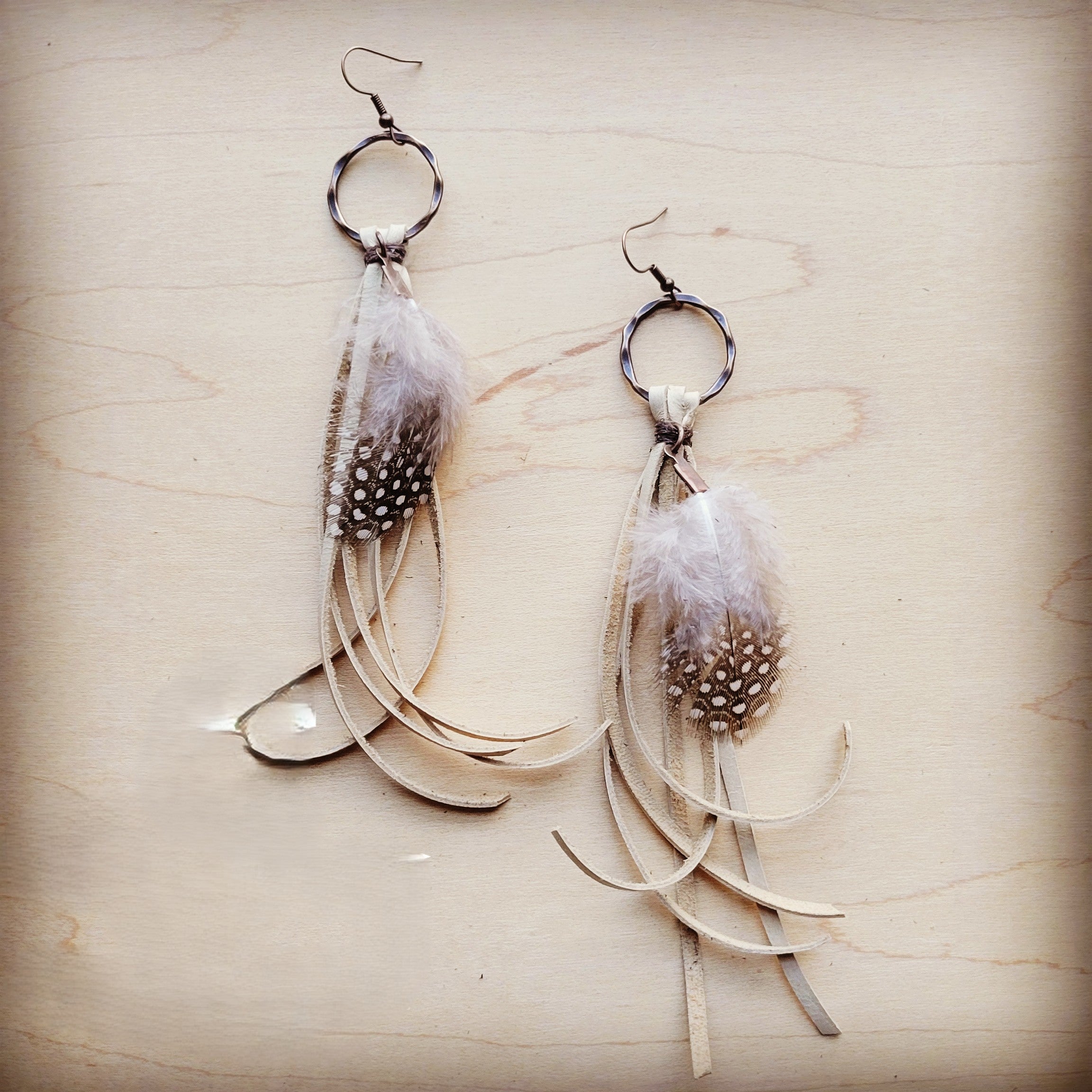 Boho Bone Deer Skin Leather Tassel Earring-Black & White Feather 217d | Earrings | Wiccan Center