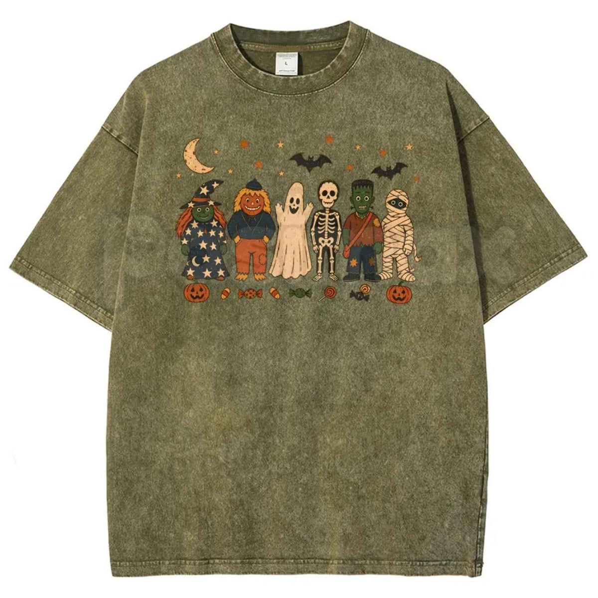 Unisex Witches, Pumpkin Scarecrows, Ghosts, Skeletons Halloween Graphic Washed T-Shirt – Retro Spooky Season Acid Wash Lightweight Cotton Tee | T-Shirt | Wiccan Center