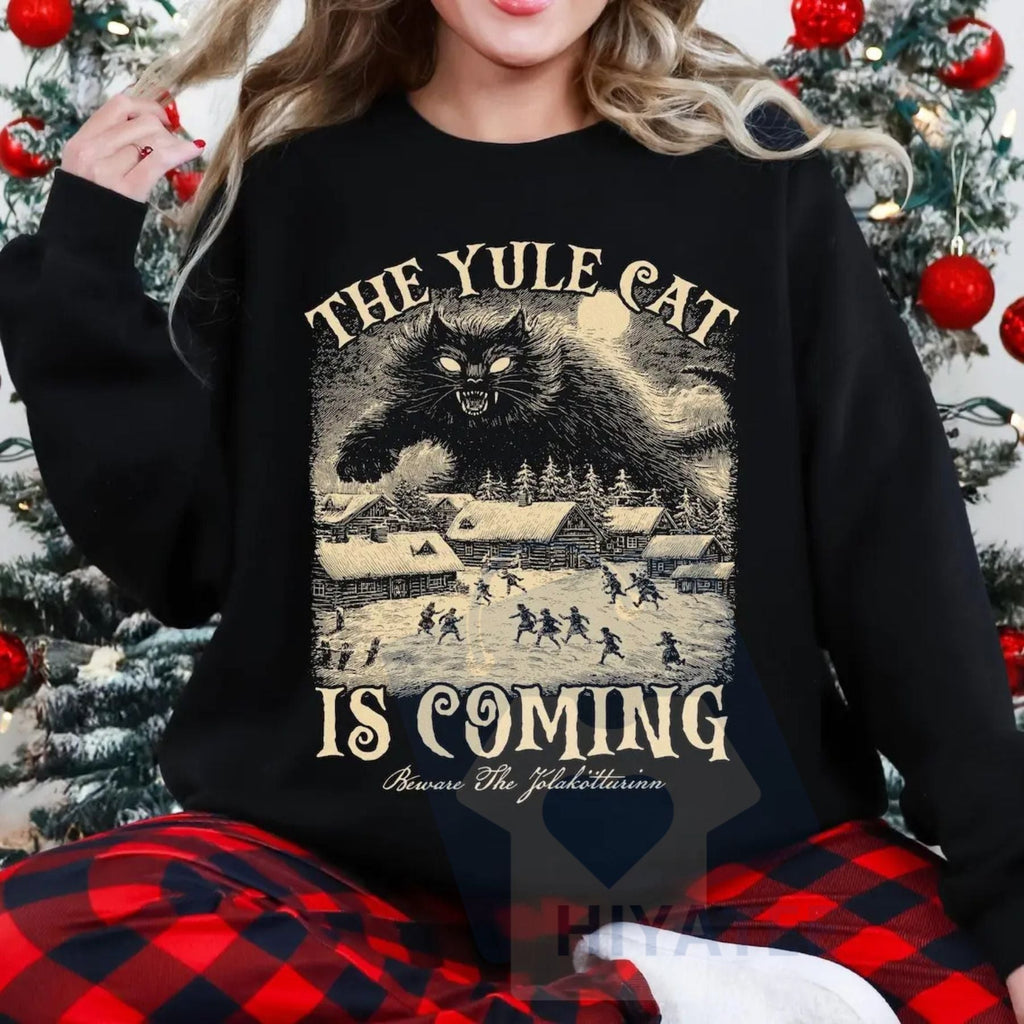 The Yule Cat Is Coming Sweatshirt: Gothic Christmas, Iceland Folklore, Pagan Gift, Folklore Shirt, Winter Solstice Apparel | Sweatshirt | Wiccan Center