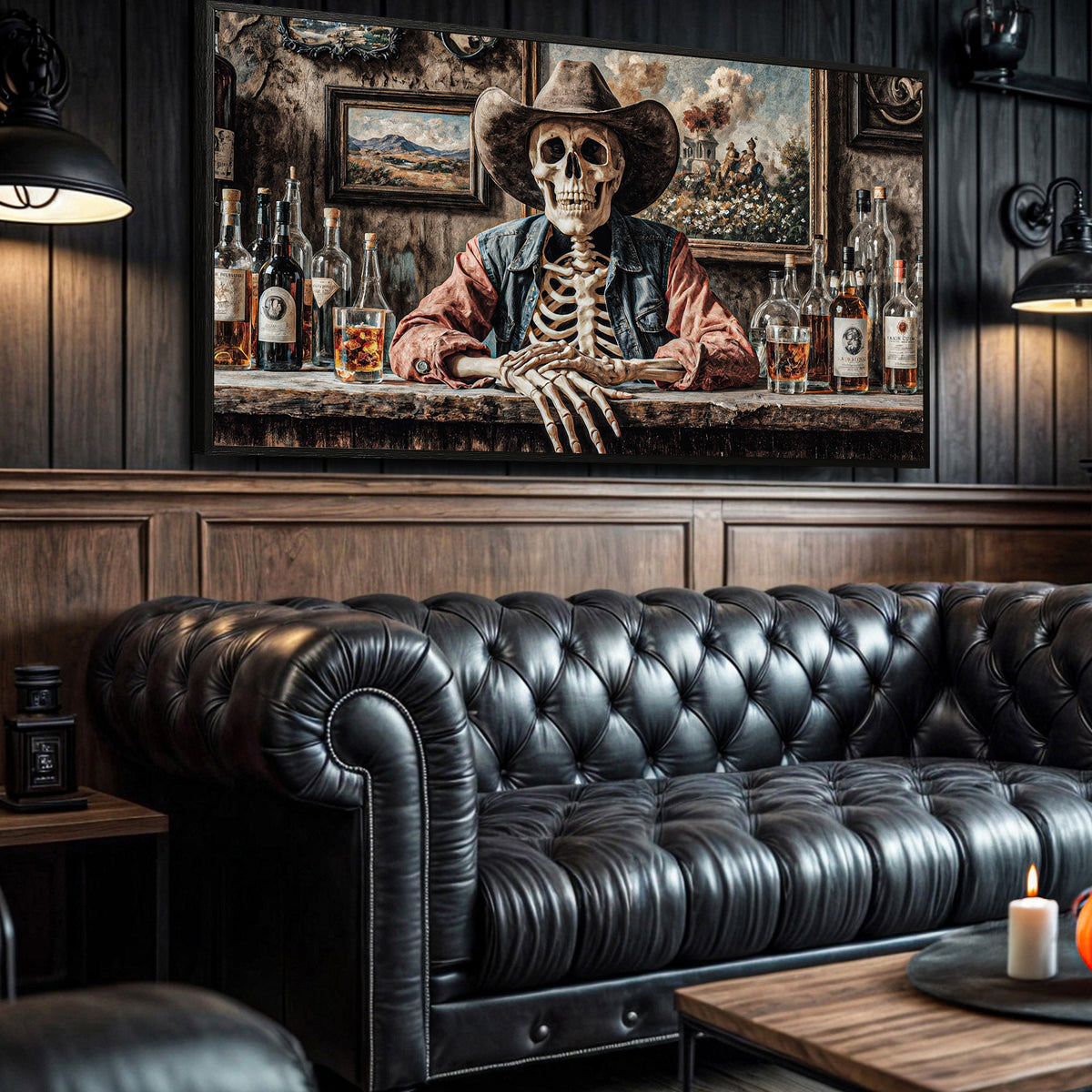 Skeleton Cowboy Barman At Western Saloon Wall Art | Canvas | Wiccan Center