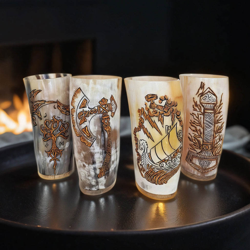 Viking Horn Cups Set of 4 – Celtic-Engraved Ox Horn