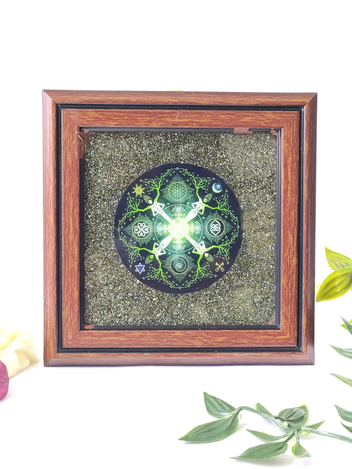 Pyrite Frame with Numinosity Mandala Art, Pyrite Dust Plate