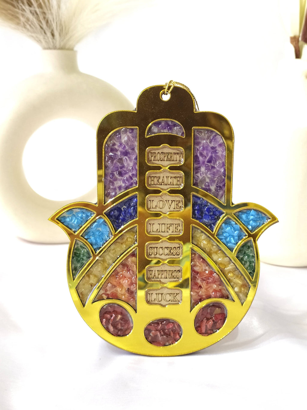 Hamsa Hand Wall & Car Hanger with Seven Chakra Stones
