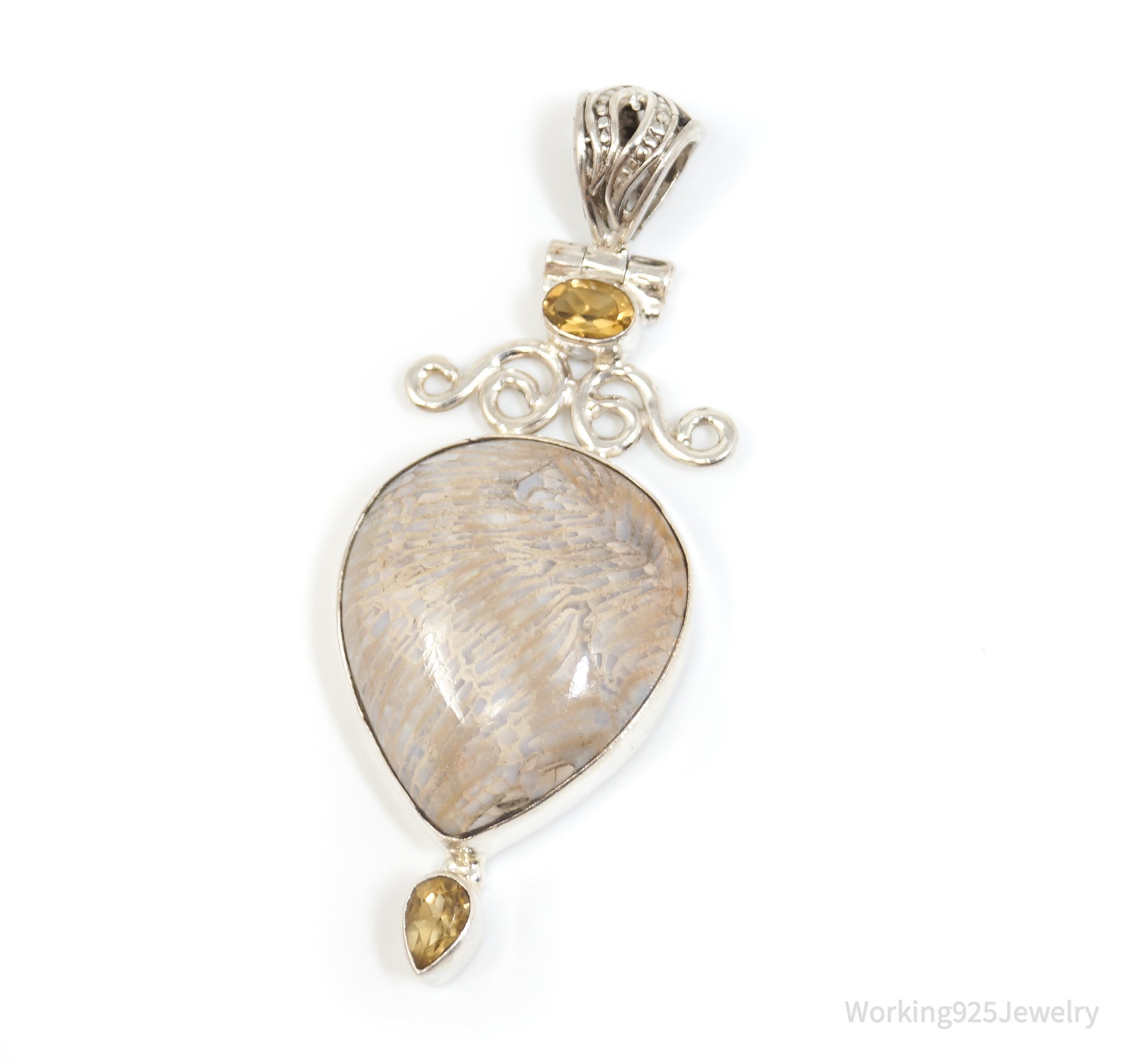 Vintage Large Cream Gemstone Citrine Scroll Sterling Silver Necklace Pendant | Jewelry > Necklaces > Pendants | Wiccan Center